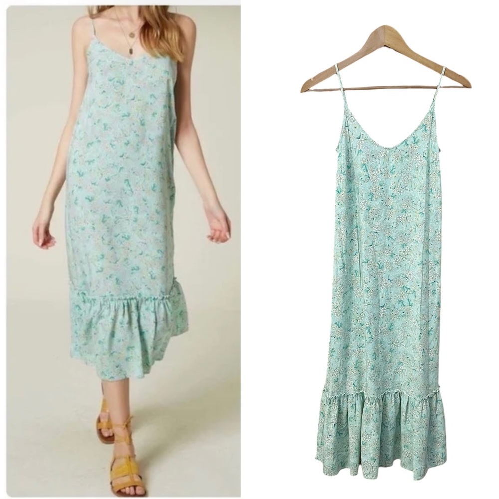 O’Neill Midi Dress XS Floral Byron Ditsy Sundress Aqua Ruffled Hem Dainty Beach